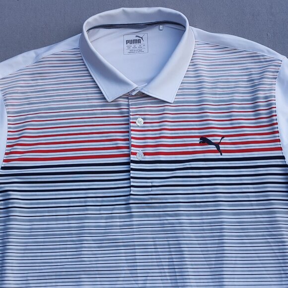 Puma Golf Polo Shirt men's siz M white colour with grey and red and blue stripes - Picture 2 of 9